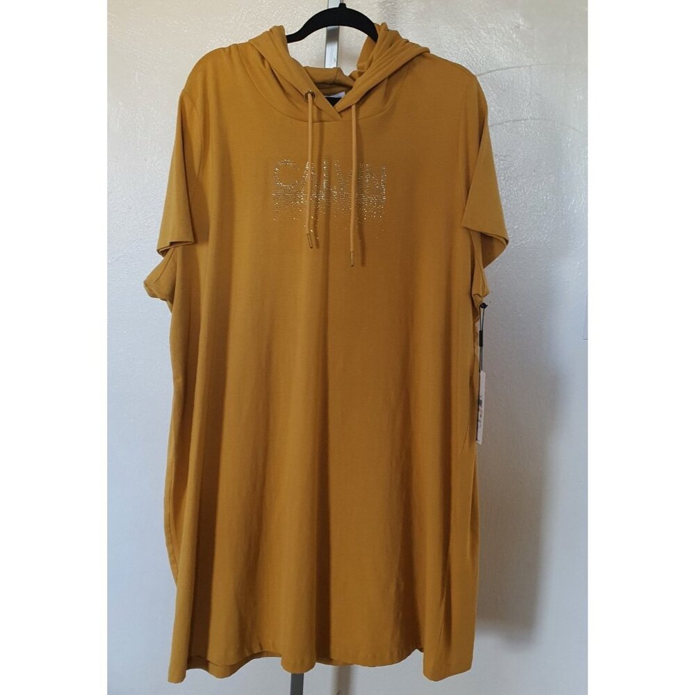 NWT Calvin Klein Hoodie Dress Sz 2X Rhinestone Yellow Plus Juniors Mustard‎